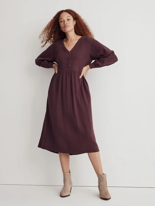 Madewell Petite Lightspun Button-Front Midi Dress In Fig - 8p